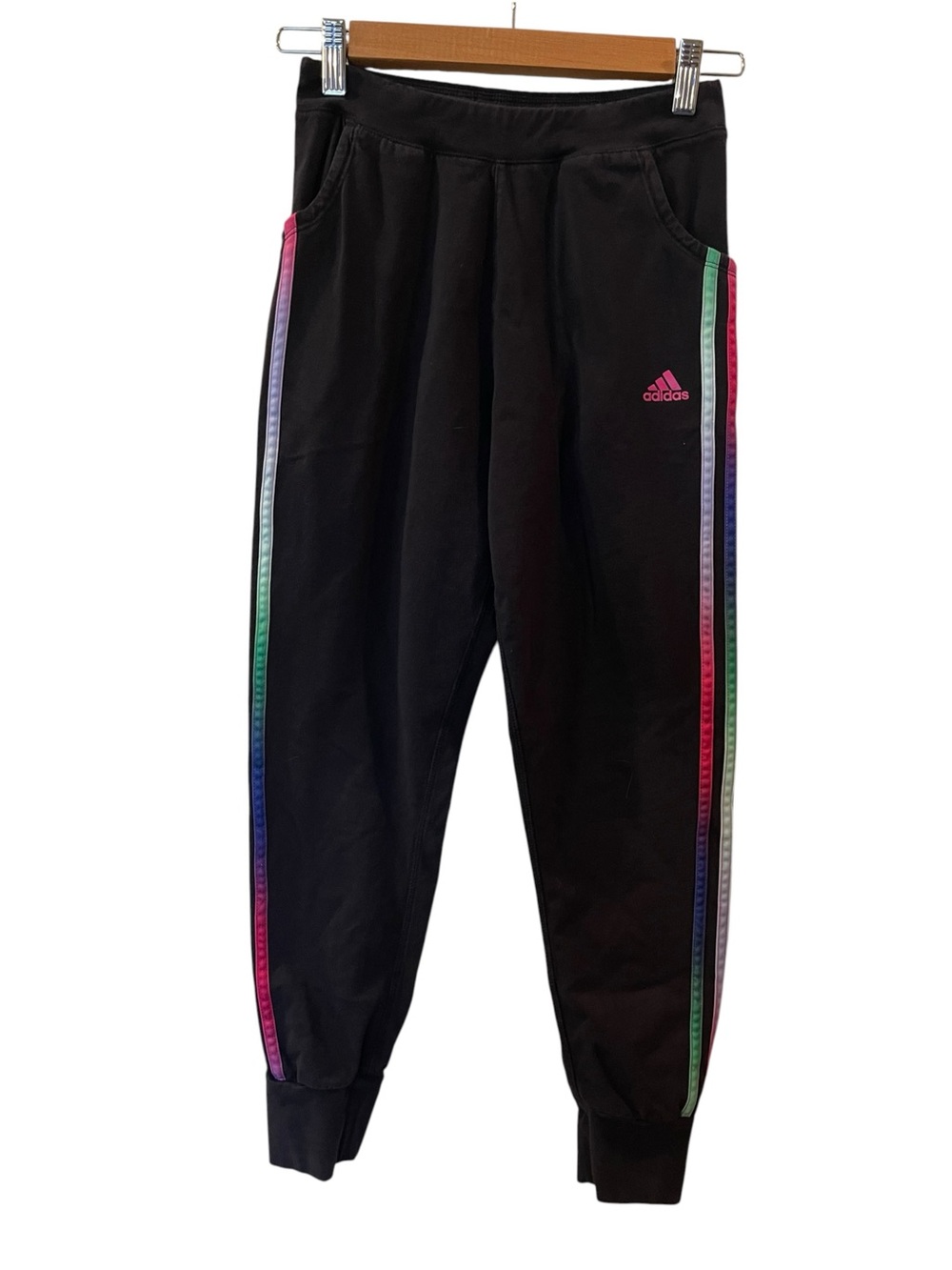 Adidas Girls Black Leggings w/ Rainbow Stripes And Pockets Size XL 16